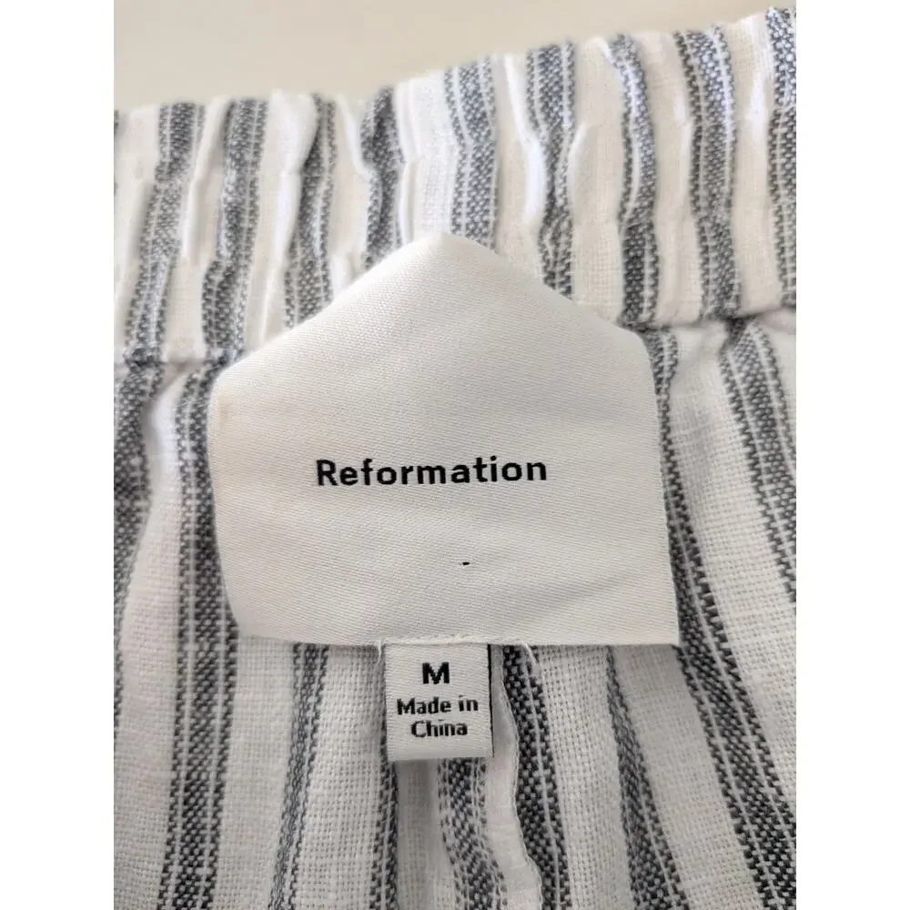 Reformation Fernando Linen Wide Leg Pant Antibes Stripe Gray White Size Medium